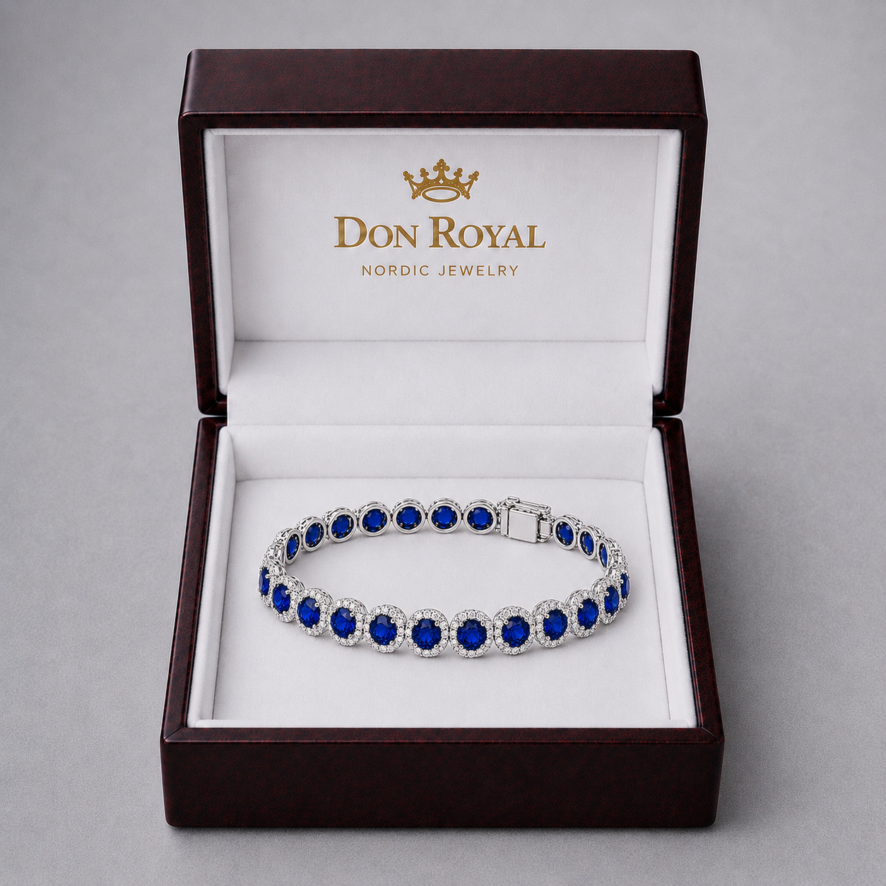Natural Blue Sapphire Diamond Halo Handcrafted Gold Bracelet Box