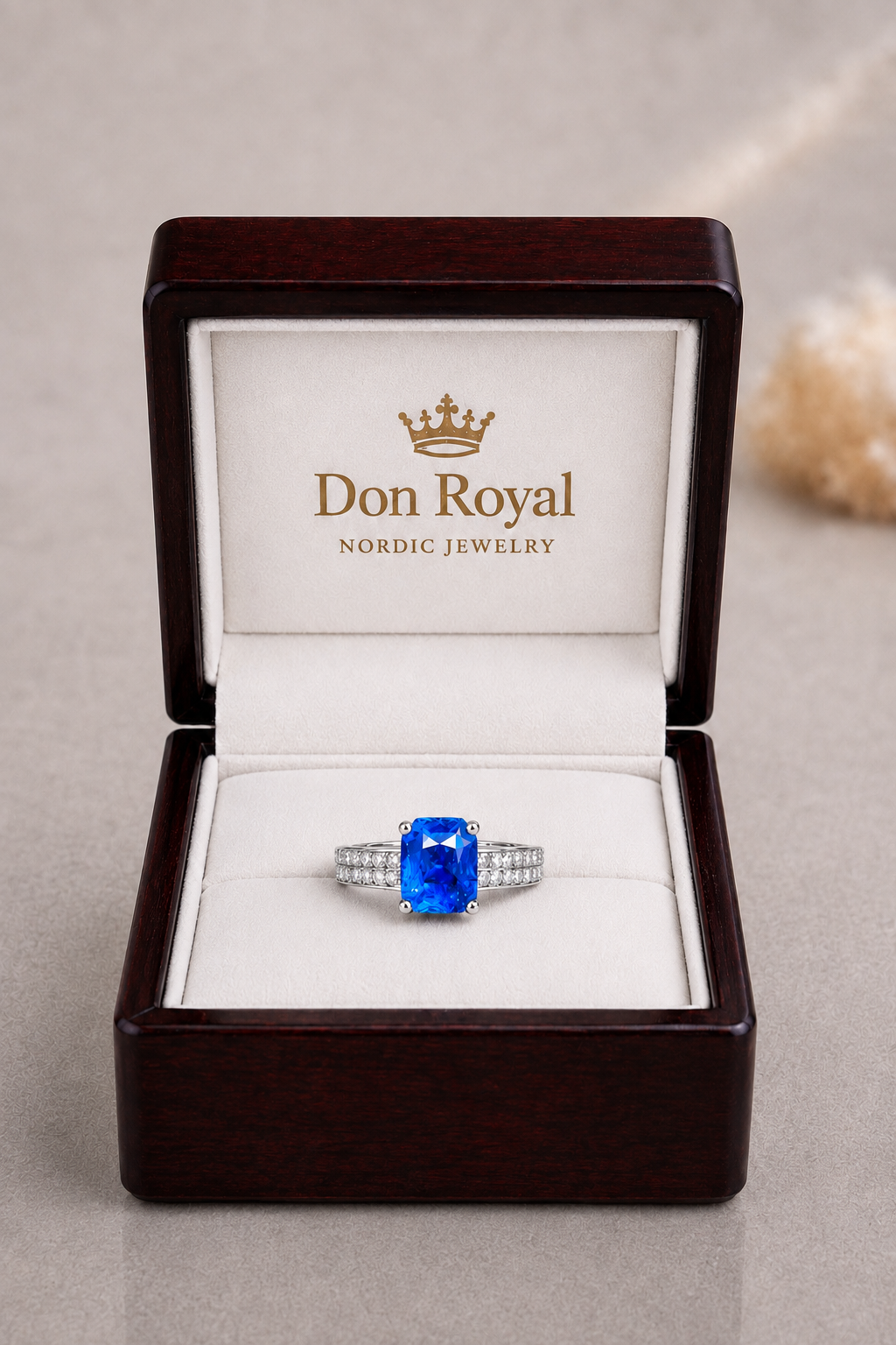 Natural Blue Sapphire Diamond Handcrafted Gold Ring Box
