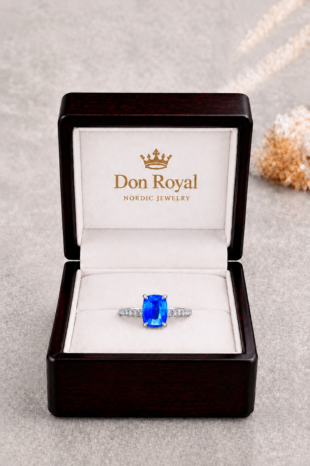 Natural Blue Sapphire Diamond Handcrafted Gold Ring Box