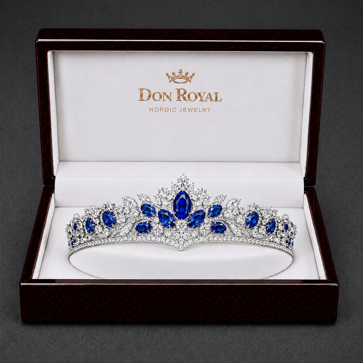 Natural Blue Sapphire Diamond Handcrafted Gold Tiara Box