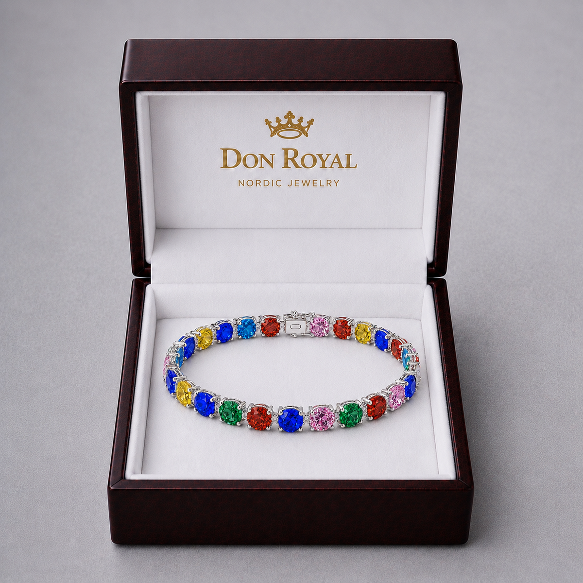 Natural Multicolored Sapphire Diamond Tennis Handcrafted Gold Bracelet Box