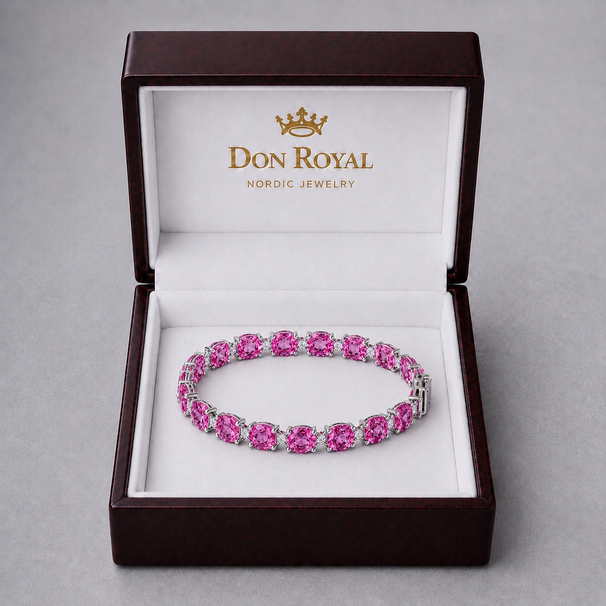 Natural Pink Sapphire Diamond Tennis Handcrafted Gold Bracelet Box