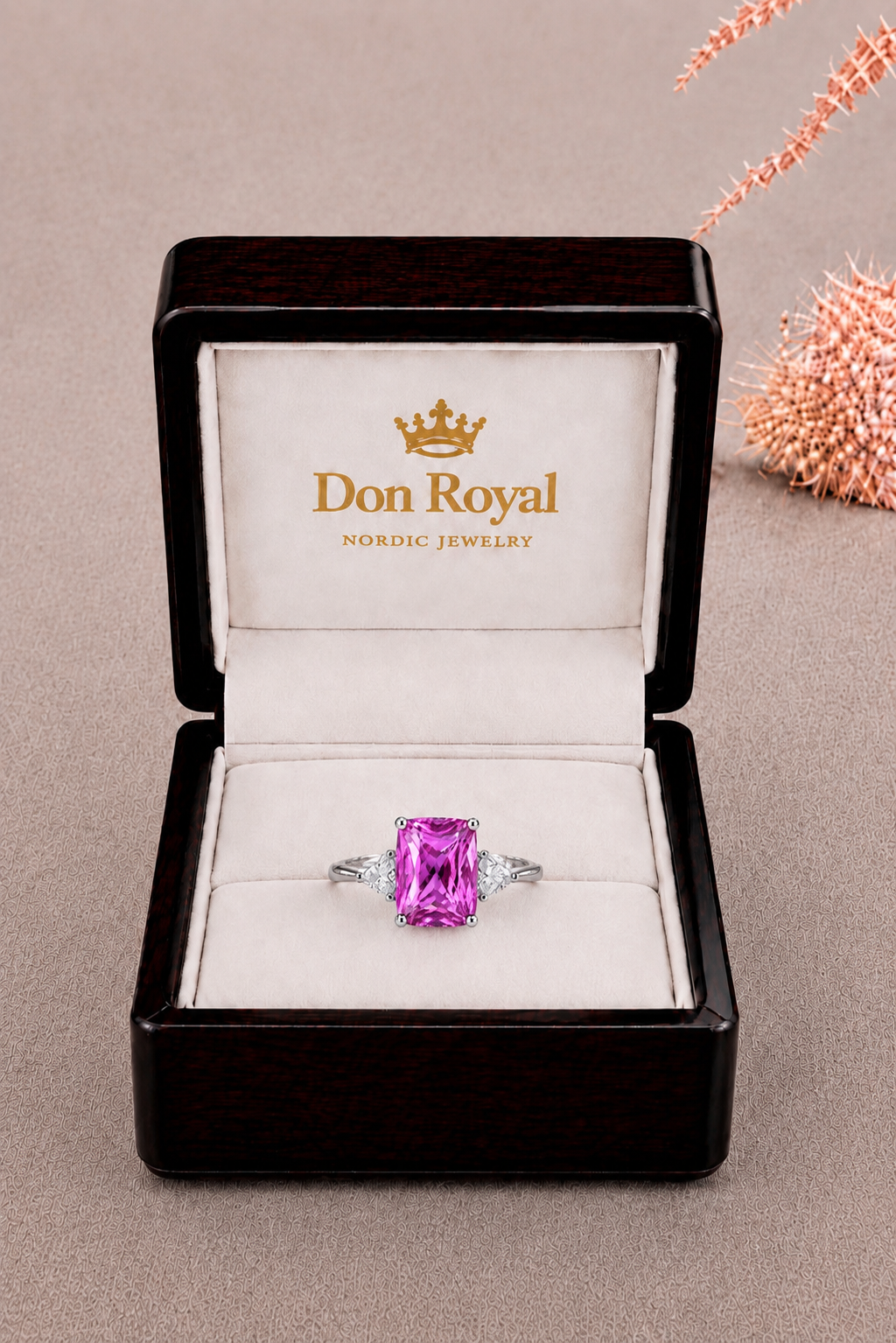 Natural Pinkish Purple Spinel Diamond Trilogy Handcrafted Gold Ring Box