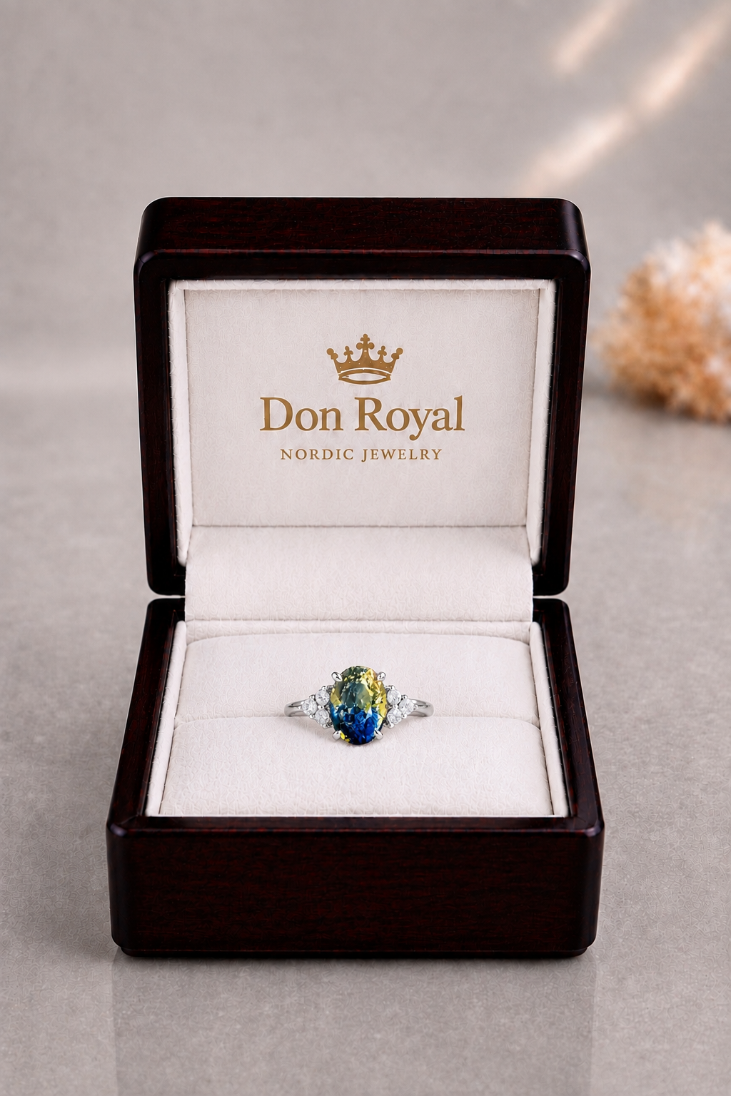 Natural Unheated Bicolor Sapphire Diamond Handcrafted Gold Ring Box
