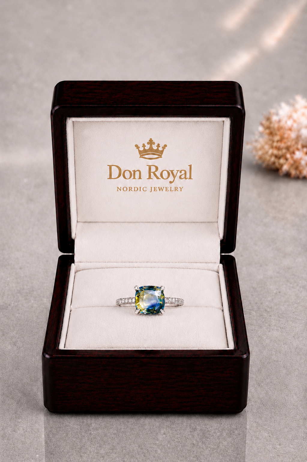 Natural Unheated Bicolor Sapphire Diamond Handcrafted Gold Ring Box