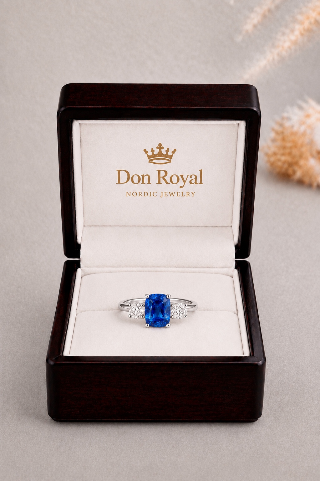 Natural Unheated Blue Sapphire Diamond Trilogy Handcrafted Gold Ring Box