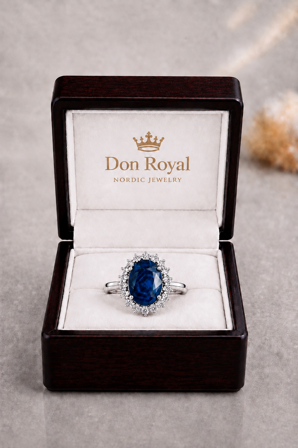 Natural Unheated Dark Blue Sapphire Diamond Halo Gold Ring Box