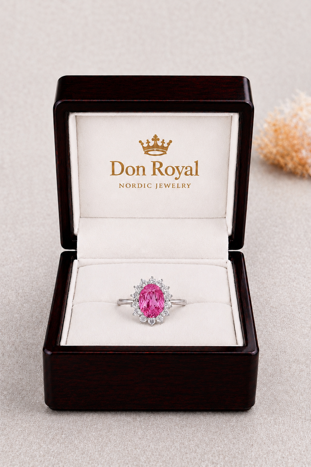 Natural Unheated Pink Sapphire Diamond Halo Handcrafted Gold Ring Box