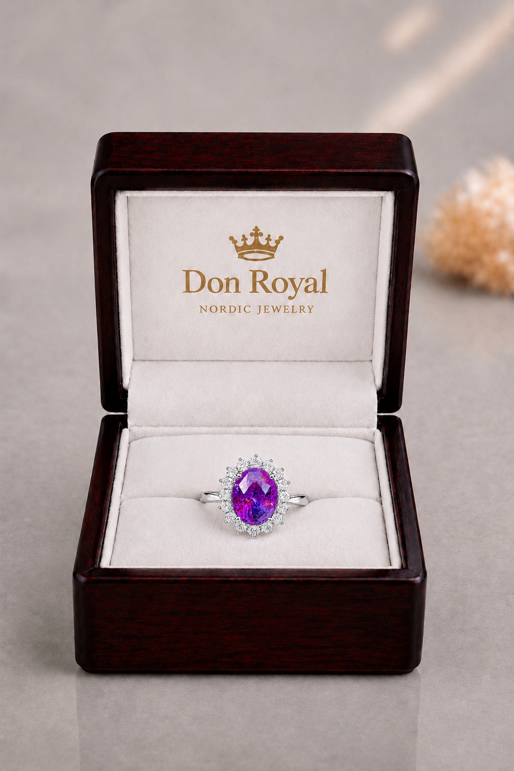 Natural Unheated Purplish Pink Sapphire Diamond Halo Gold Ring Box