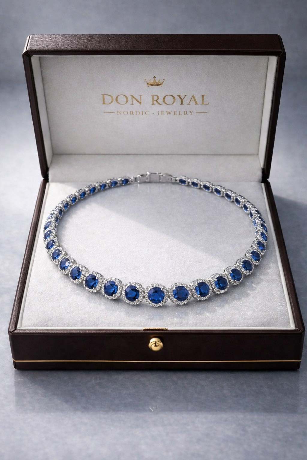 blue sapphire halo diamond white gold tennis necklace in box