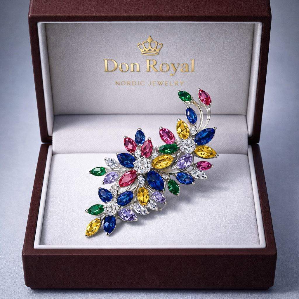 multicolored sapphire diamond brooch in box