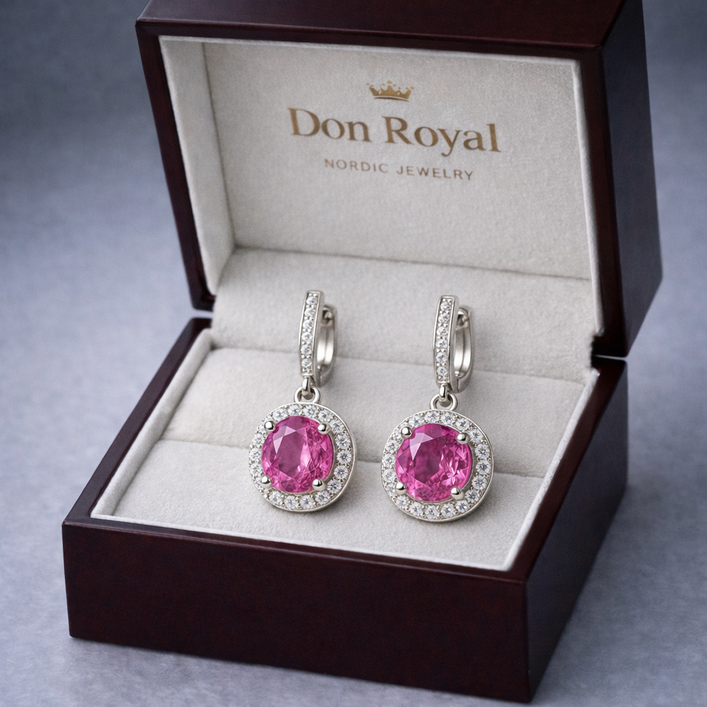 pink sapphire diamond white gold earrings in box