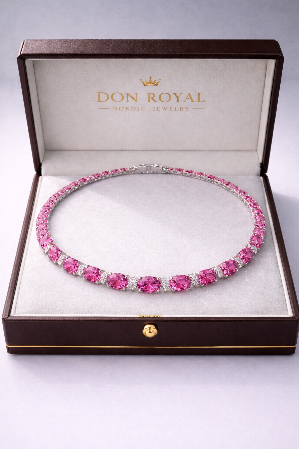 pink sapphire diamond white gold tennis necklace in box
