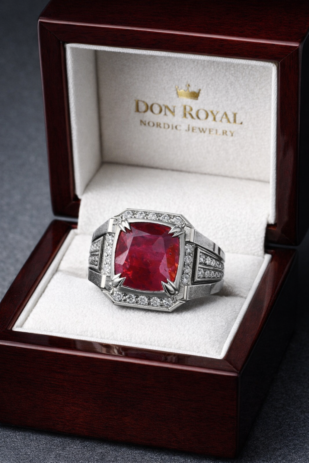 Sovereign Crown ruby ring featuring natural 5 carat red ruby surrounded by diamonds GIA for men in box