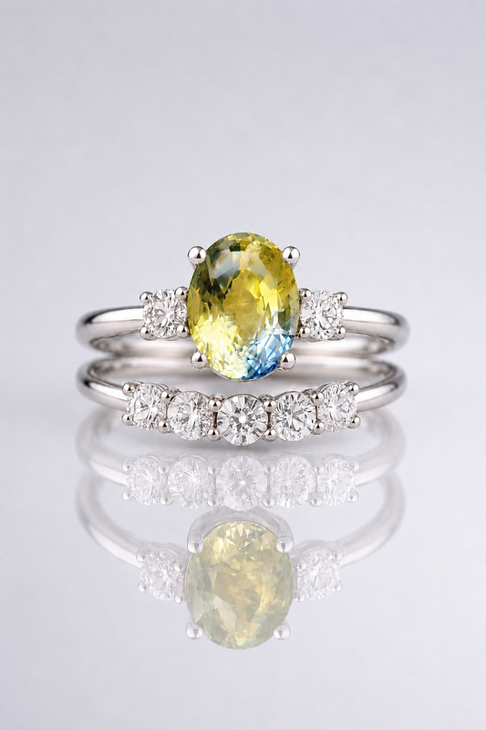 Natural Bicolor Sapphire Diamond Two in One Handcrafted White Gold Ring