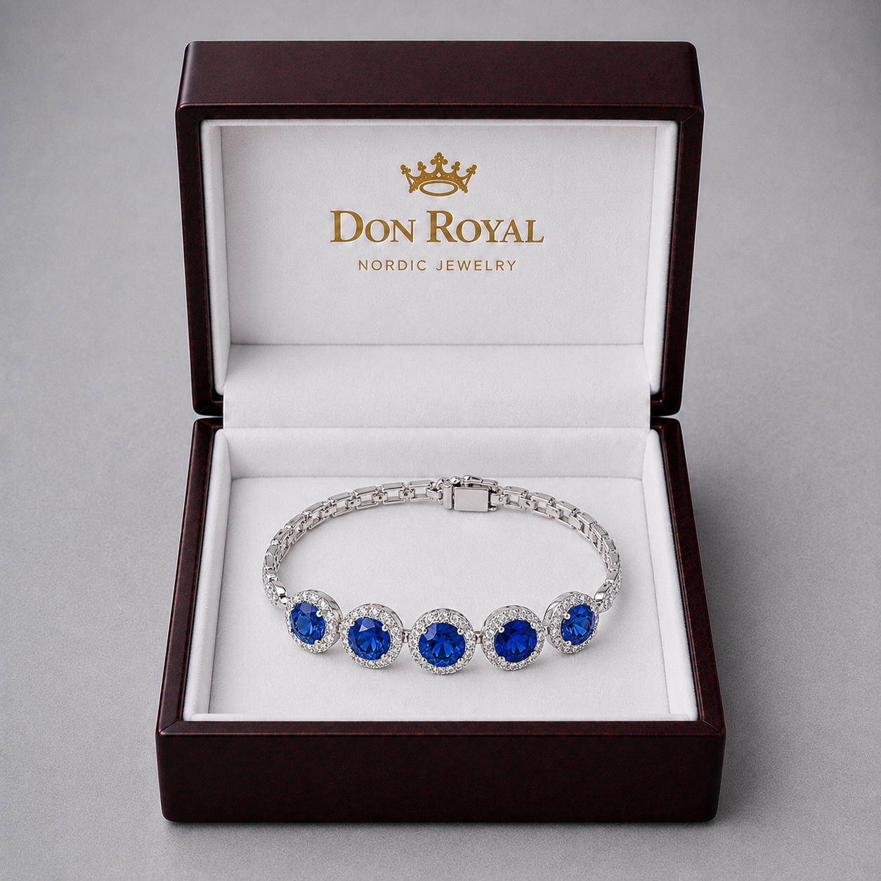 Natural Blue Sapphire Diamond Halo Handcrafted Gold Bracelet Box