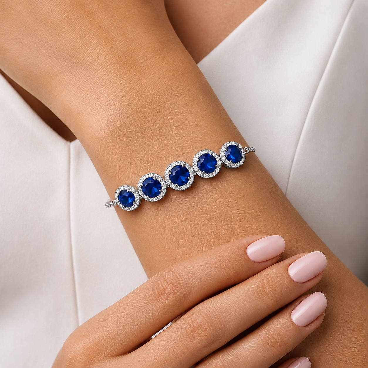 Natural Blue Sapphire Diamond Halo Handcrafted Gold Bracelet Model