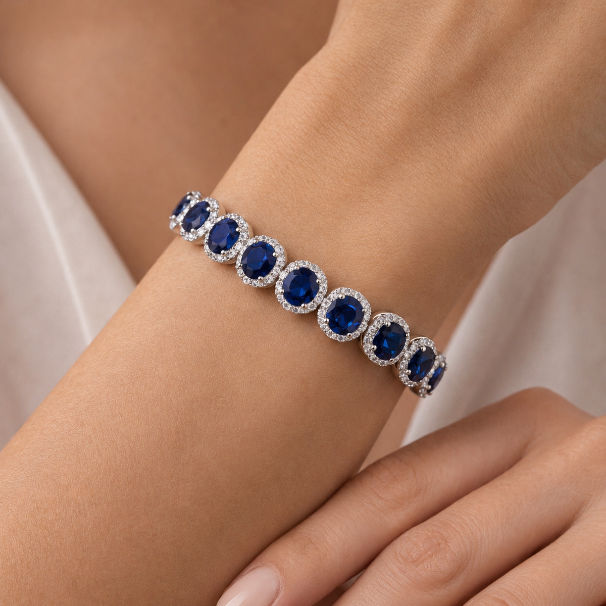 Natural Blue Sapphire Diamond Halo Handcrafted Gold Bracelet Model