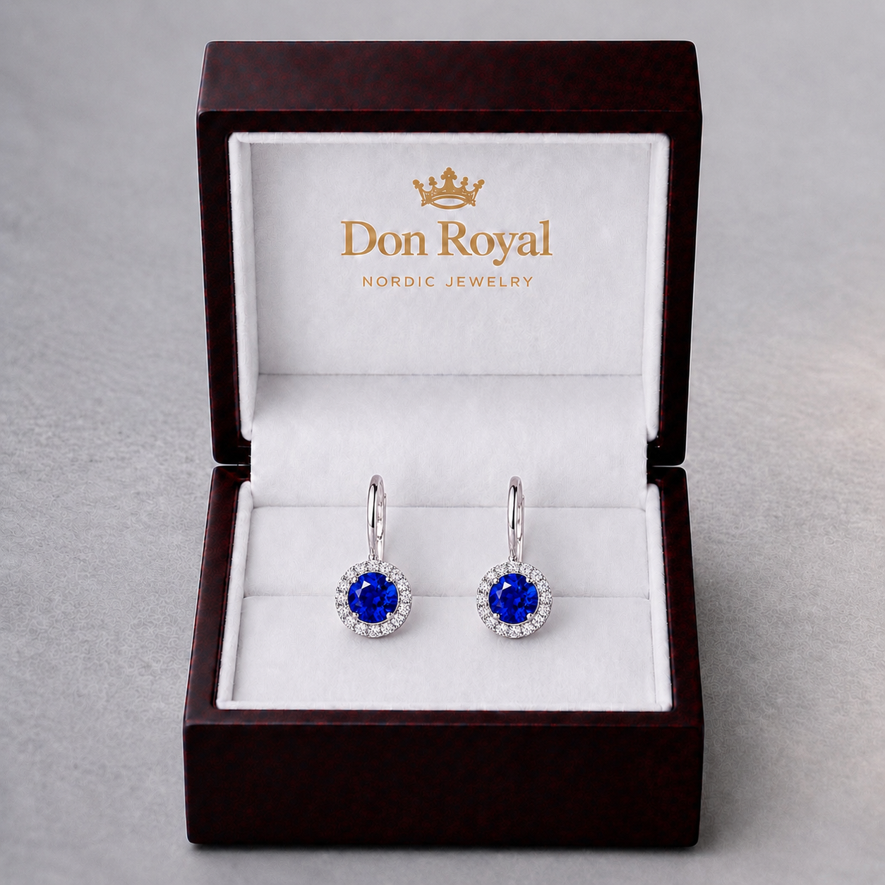 Natural Blue Sapphire Diamond Halo Handcrafted Gold Earrings Box