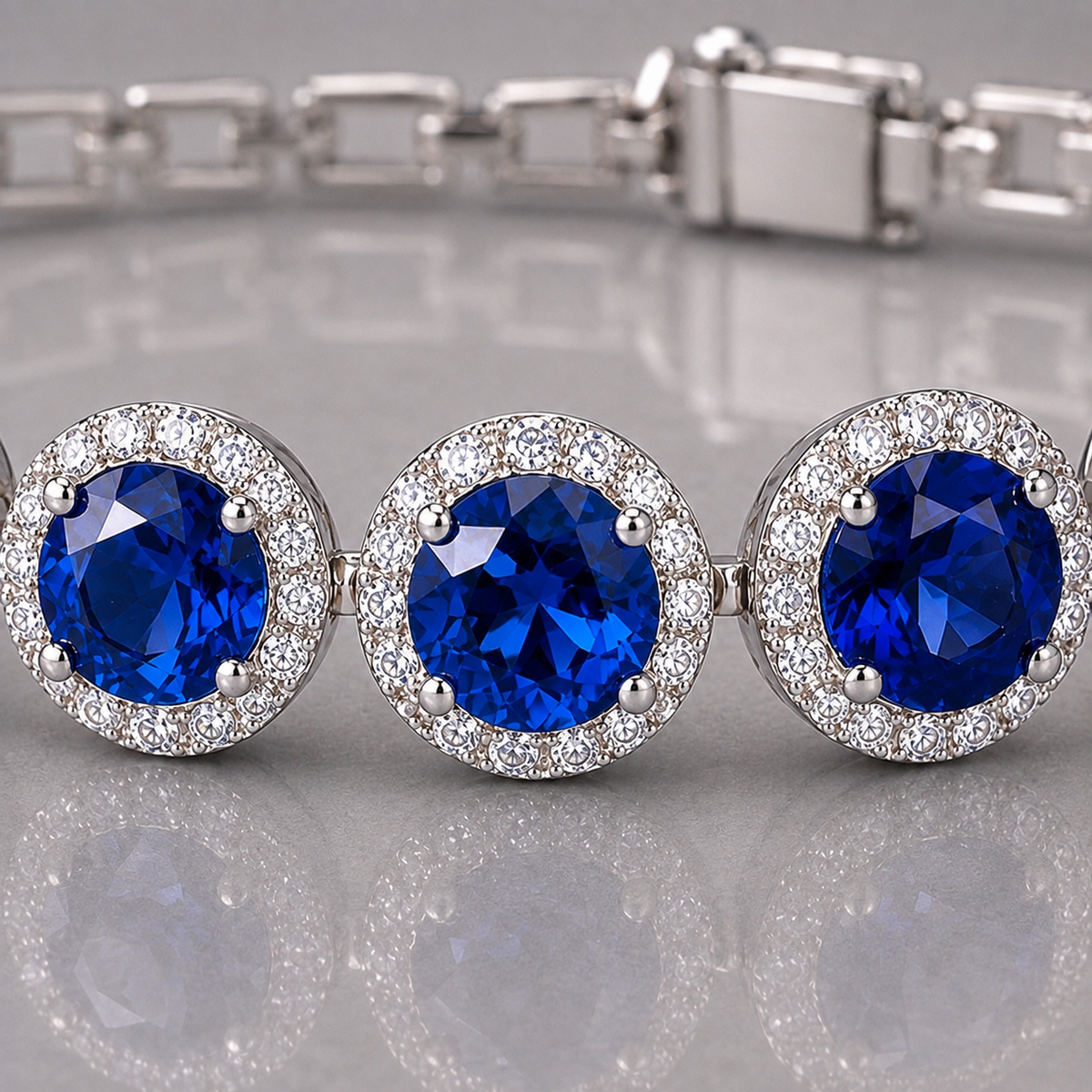 Natural Blue Sapphire Diamond Halo Handcrafted Platinum Bracelet