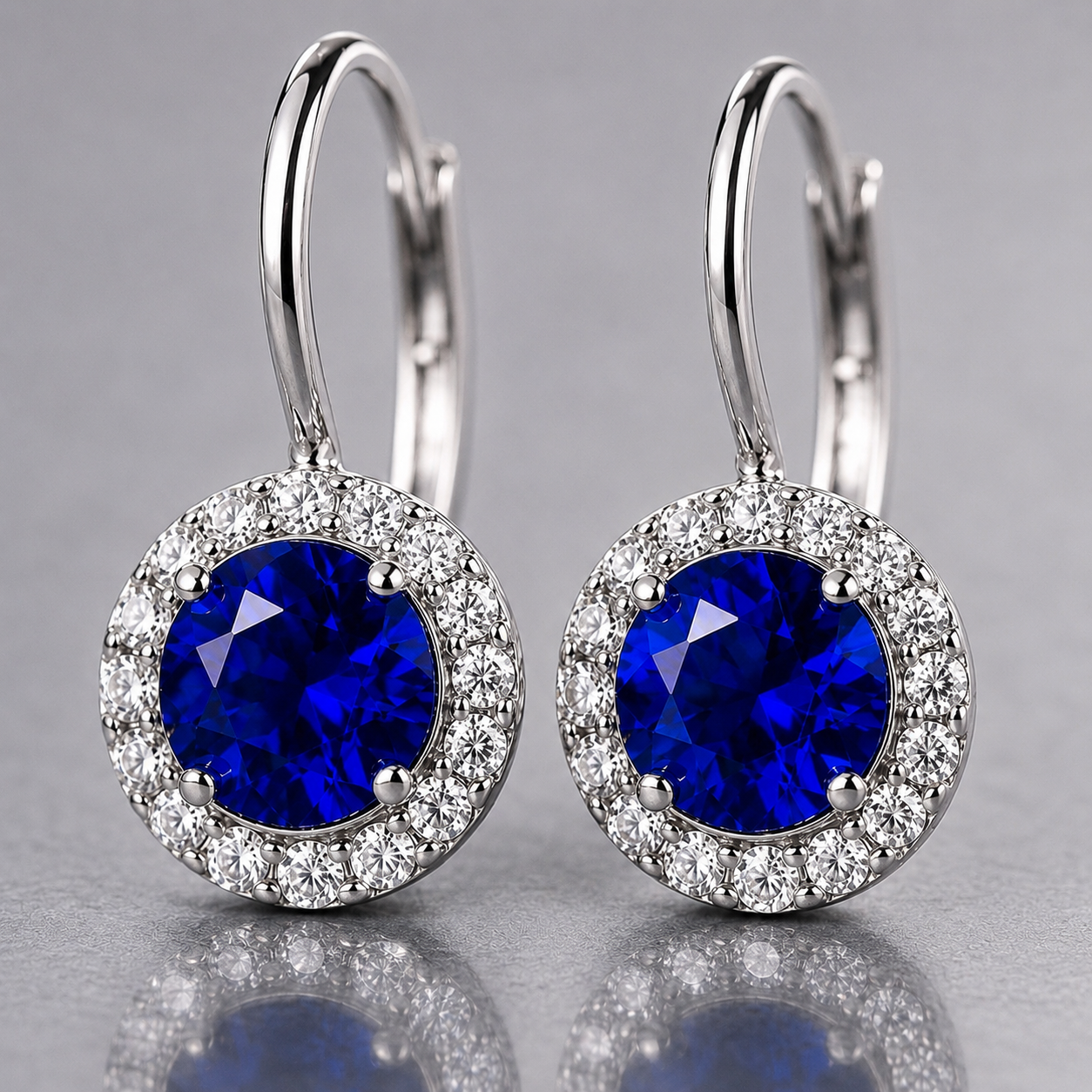 Natural Blue Sapphire Diamond Halo Handcrafted Platinum Earrings