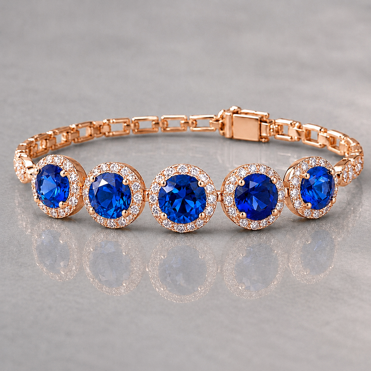 Natural Blue Sapphire Diamond Halo Handcrafted Rose Gold Bracelet