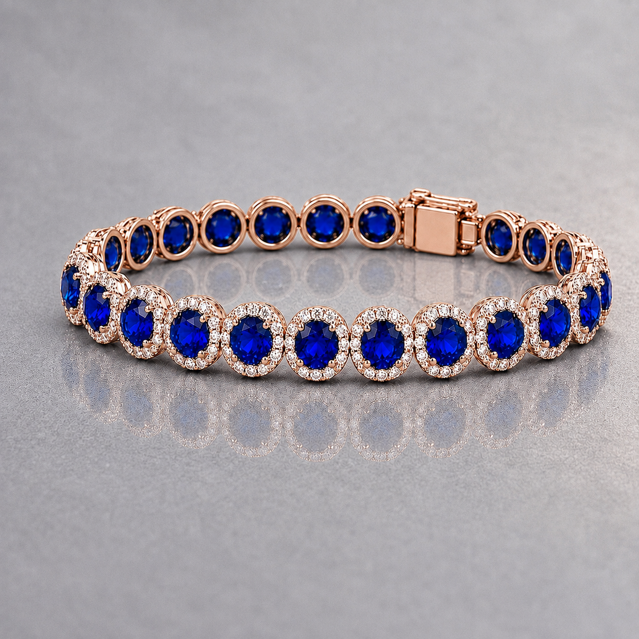 Natural Blue Sapphire Diamond Halo Handcrafted Rose Gold Bracelet