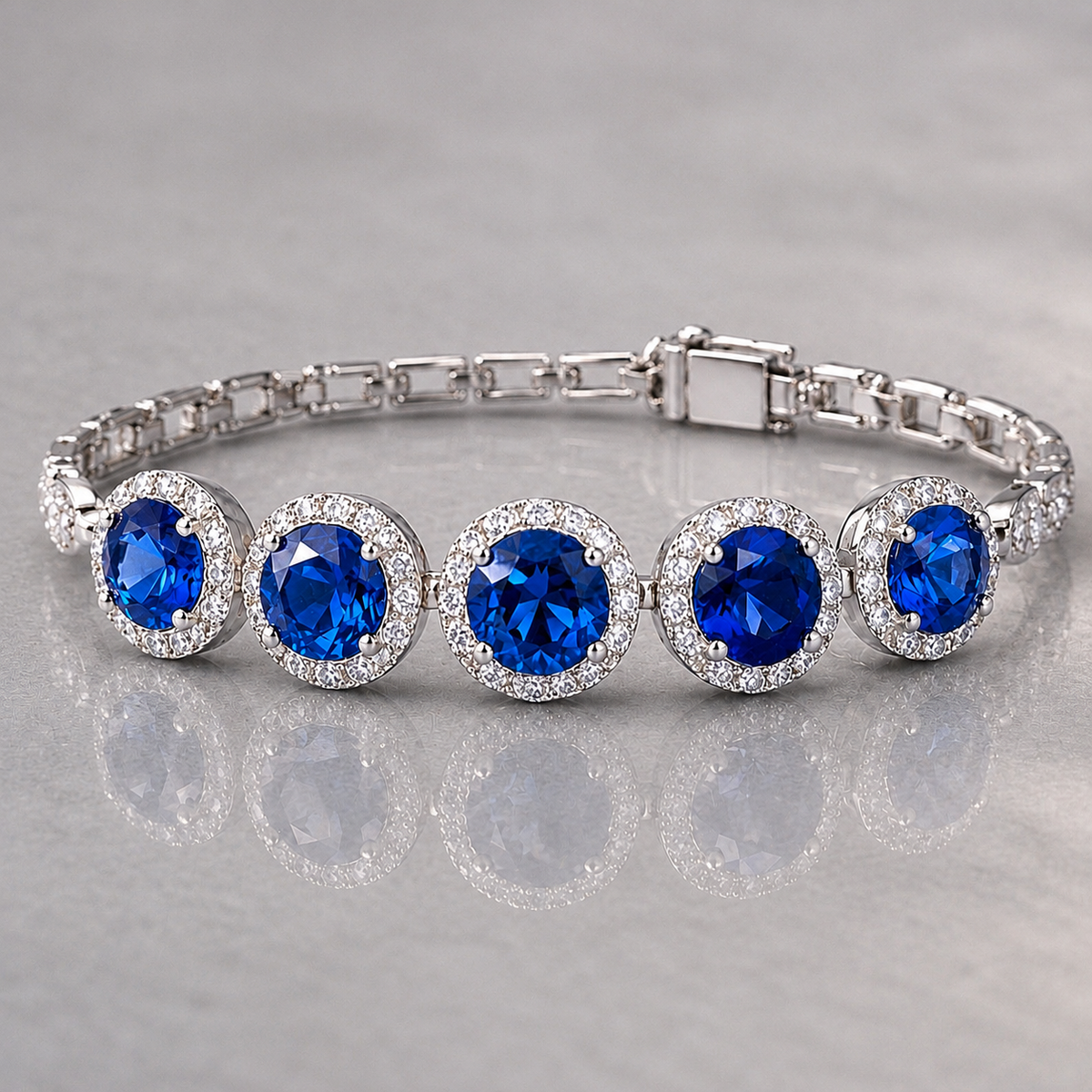Natural Blue Sapphire Diamond Halo Handcrafted White Gold Bracelet