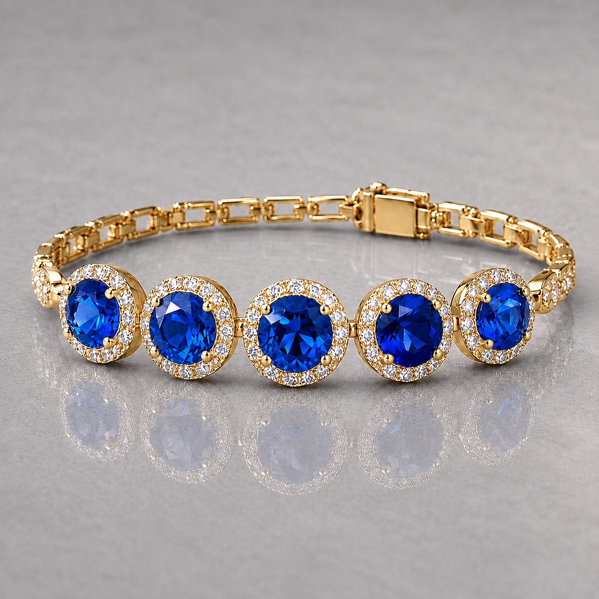 Natural Blue Sapphire Diamond Halo Handcrafted Yellow Gold Bracelet