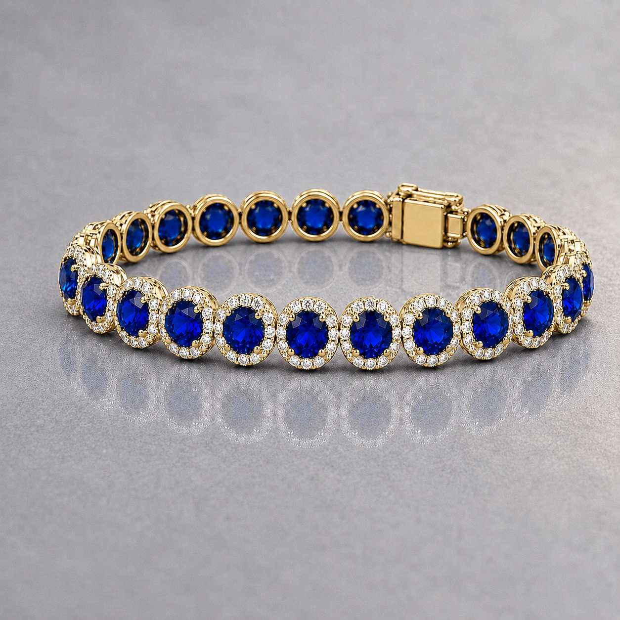 Natural Blue Sapphire Diamond Halo Handcrafted Yellow Gold Bracelet