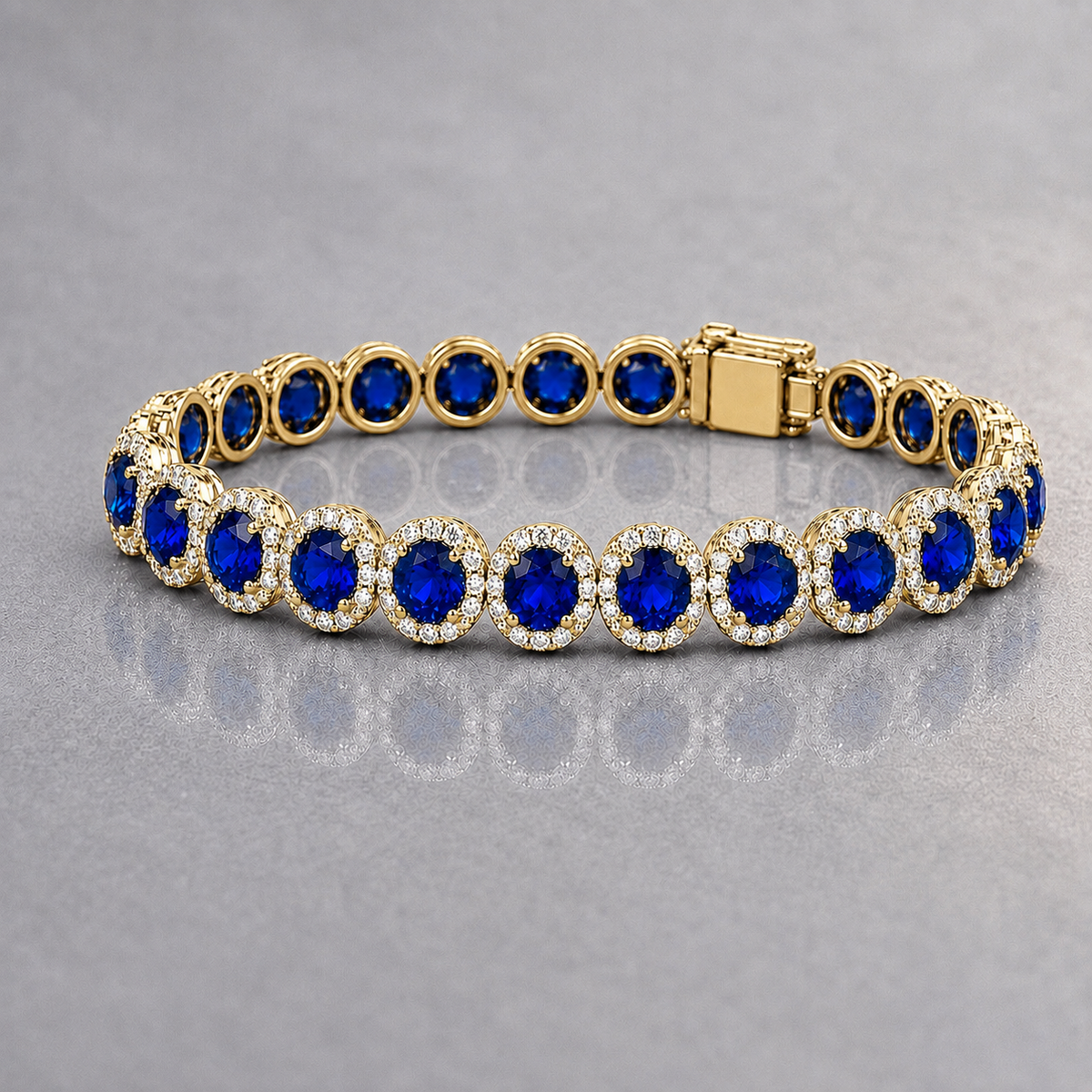 Natural Blue Sapphire Diamond Halo Handcrafted Yellow Gold Bracelet