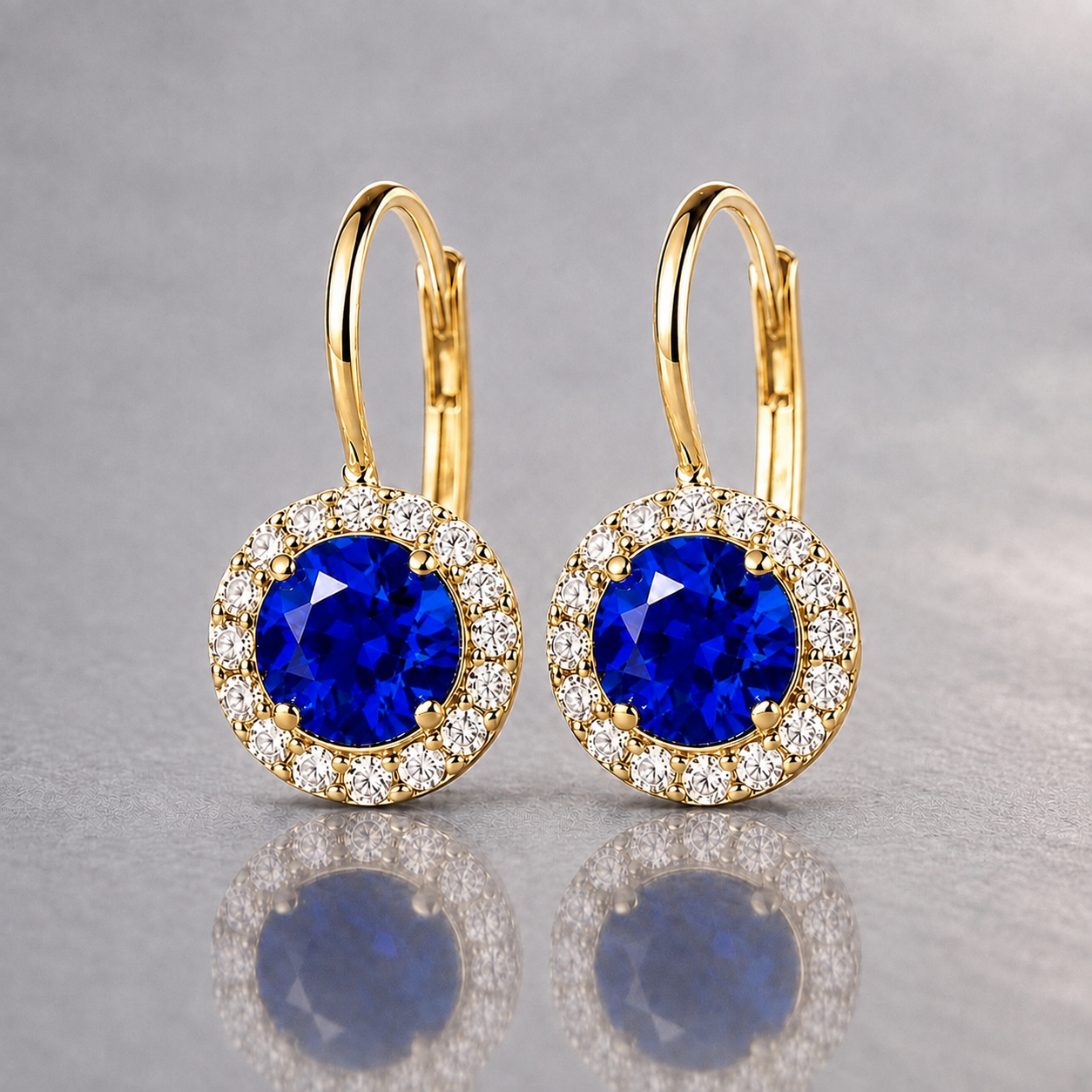 Natural Blue Sapphire Diamond Halo Handcrafted Yellow Gold Earrings