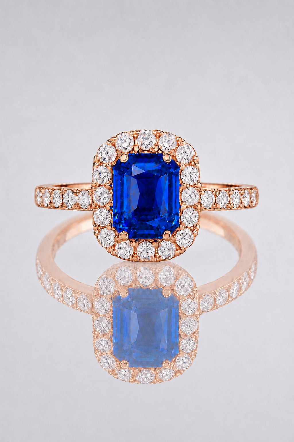 Natural Blue Sapphire Diamond Halo Rose Gold Ring