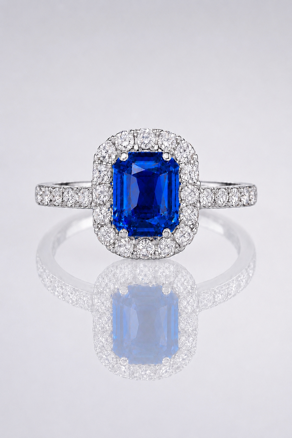 Natural Blue Sapphire Diamond Halo White Gold Ring