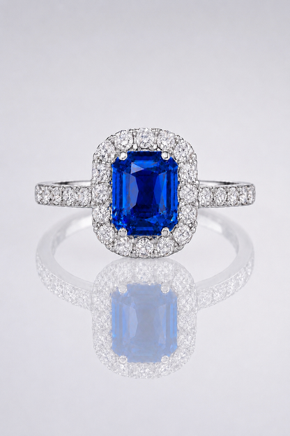 Natural Blue Sapphire Diamond Halo White Gold Ring