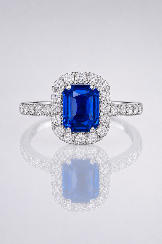 Natural Blue Sapphire Diamond Halo White Gold Ring