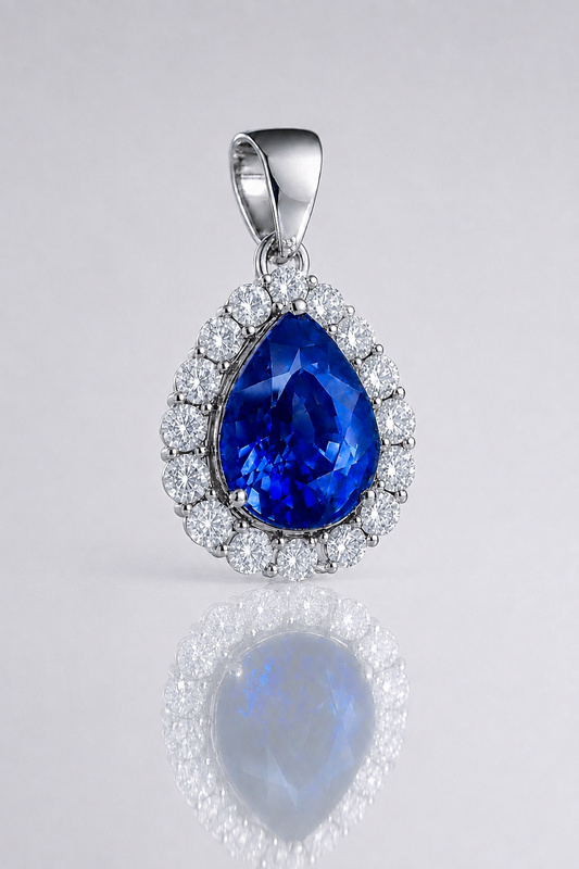 Natural Blue Sapphire Diamond Halo White Handcrafted White Gold Pendant Necklace