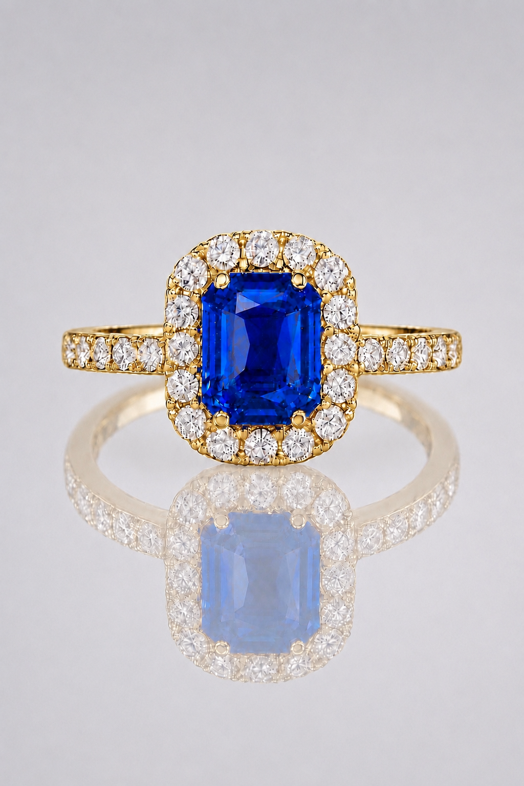 Natural Blue Sapphire Diamond Halo Yellow Gold Ring