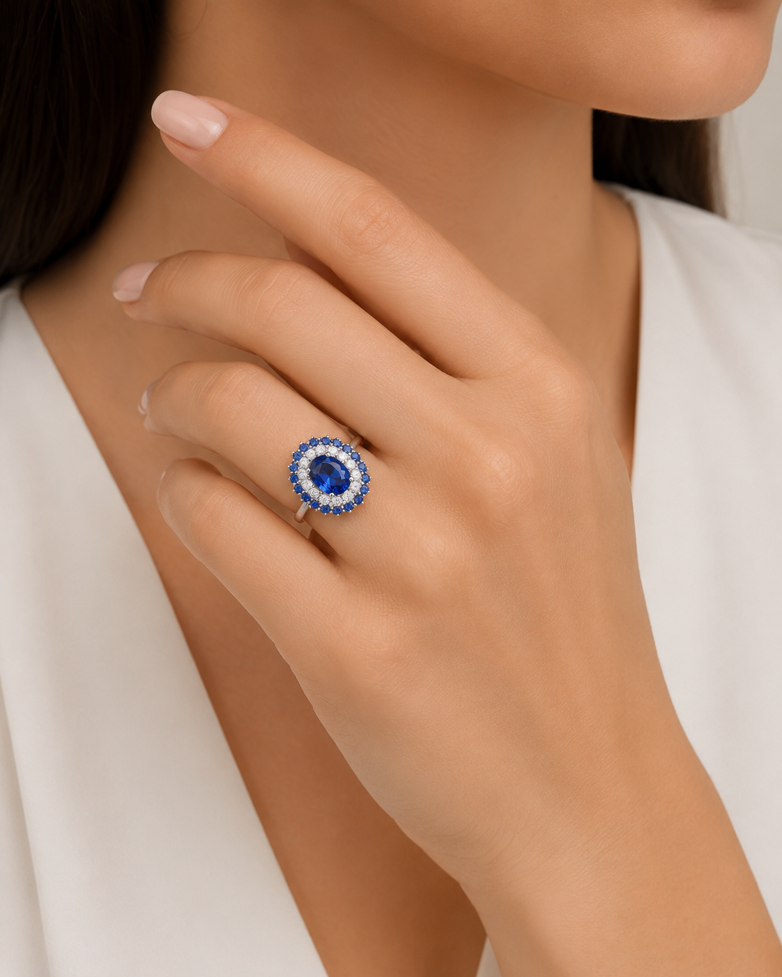 Aurevion Blue Sapphire & Diamond Double Halo Ring