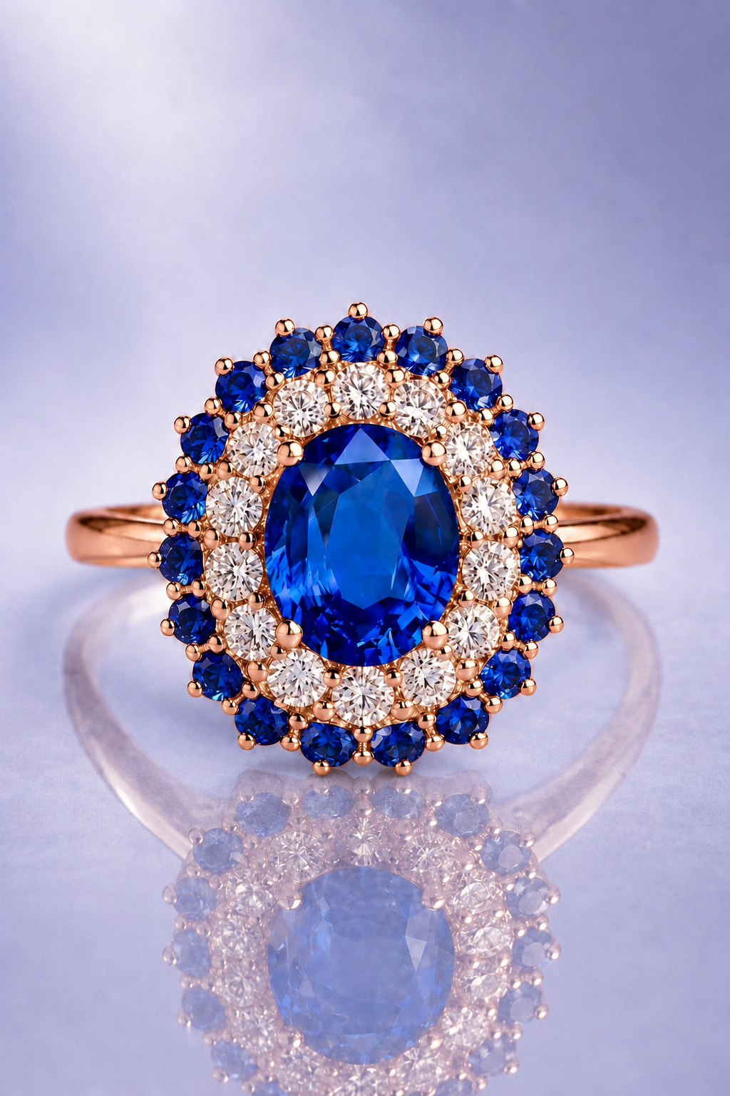Aurevion Blue Sapphire & Diamond Double Halo Ring