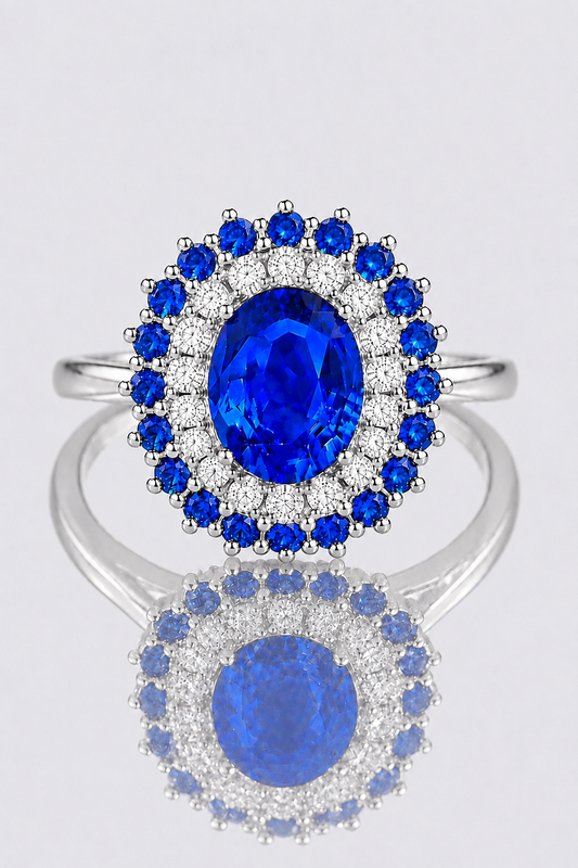 natural blue sapphire diamond double halo white gold ring