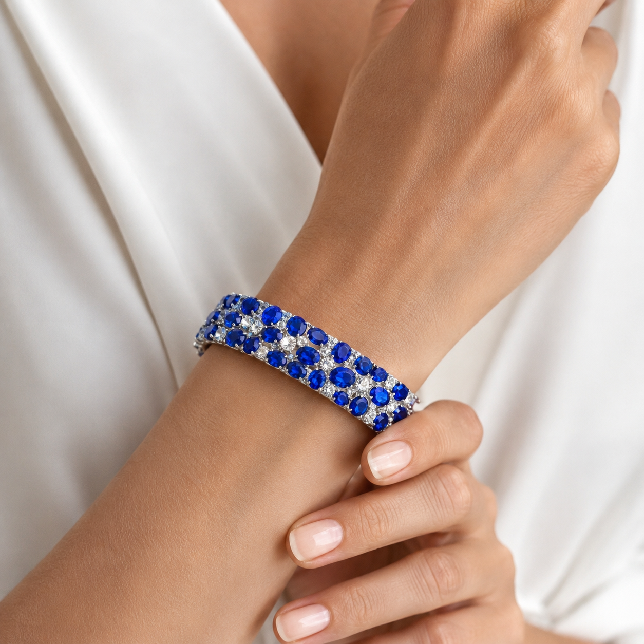 Natural Blue Sapphire Diamond Handcrafted Gold Bracelet Model