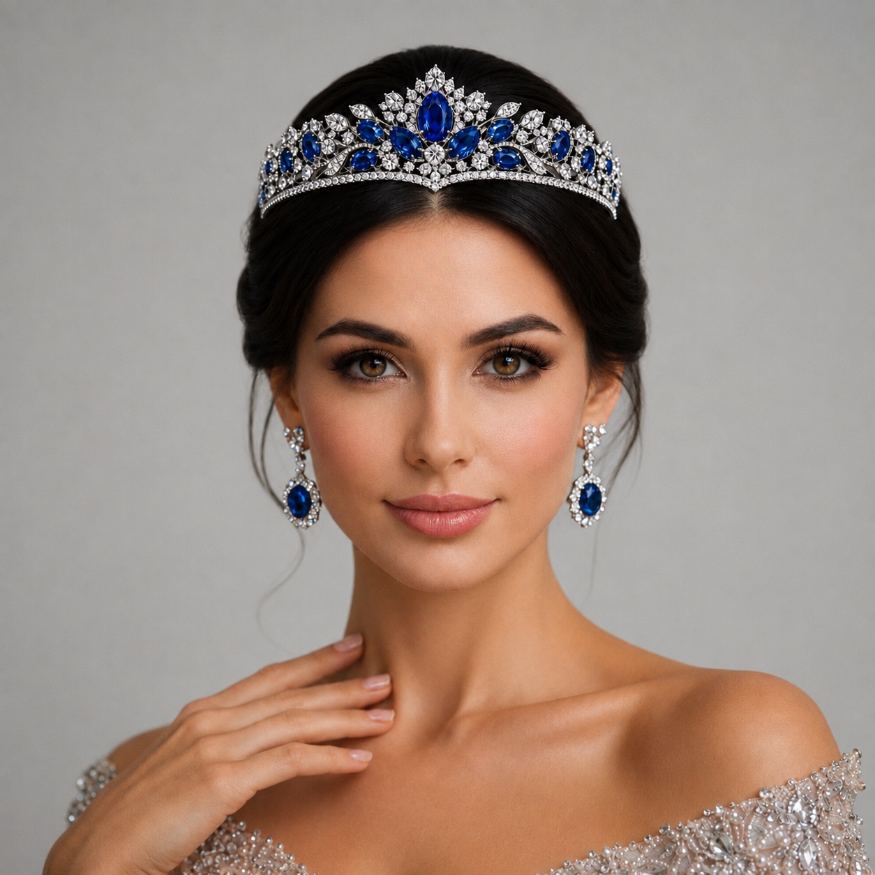 Natural Blue Sapphire Diamond Handcrafted Gold Tiara Model