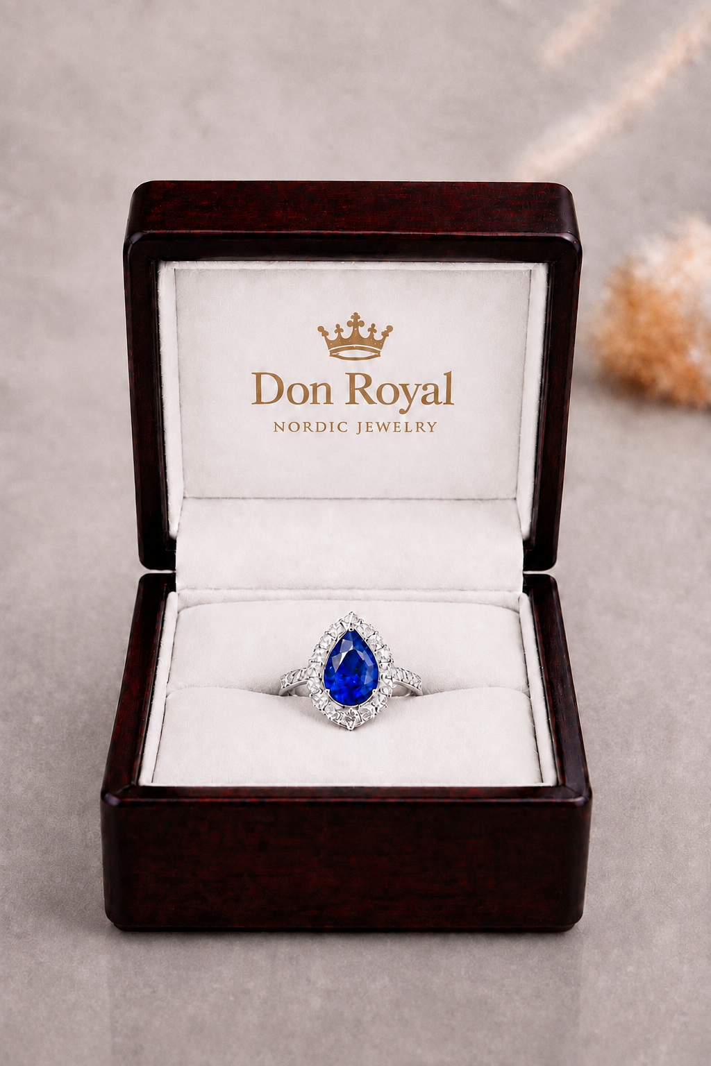 Natural Blue Sapphire Diamond Handcrafted Halo Gold Ring Box