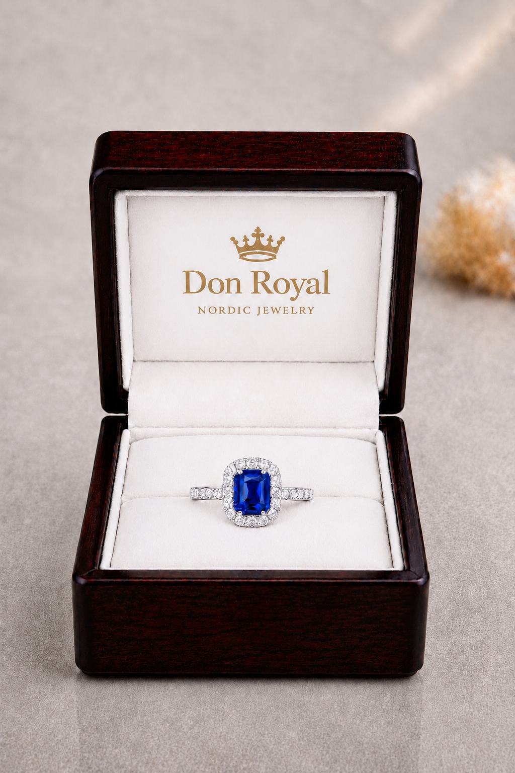 Natural Blue Sapphire Diamond Halo Gold Ring Box