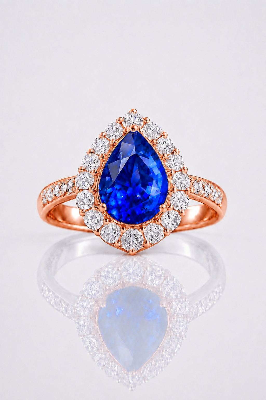 Natural Blue Sapphire Diamond Handcrafted Halo Rose Gold Ring