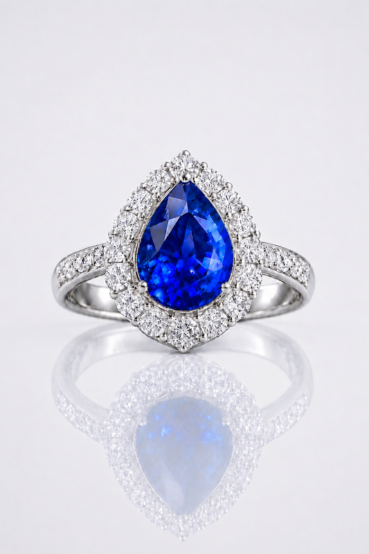 Natural Blue Sapphire Diamond Handcrafted Halo White Gold Ring