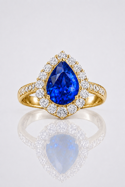 Natural Blue Sapphire Diamond Handcrafted Halo Yellow Gold Ring