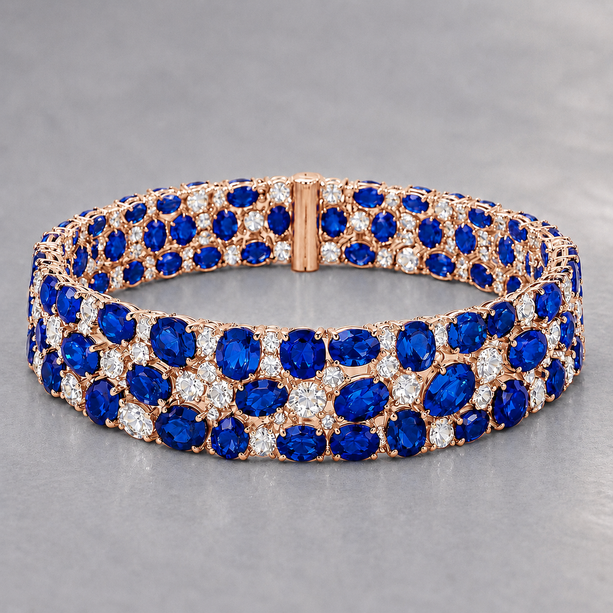 Natural Blue Sapphire Diamond Handcrafted Rose Gold Bracelet