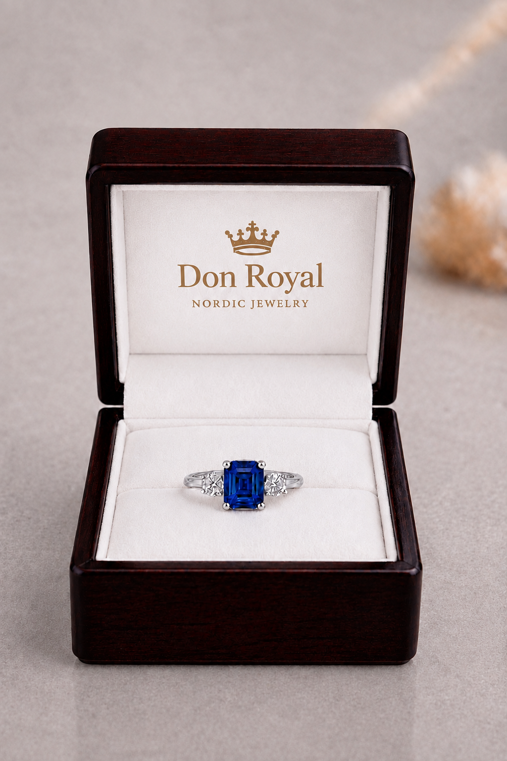 Natural Blue Sapphire Diamond Handcrafted Trilogy Gold Ring Box